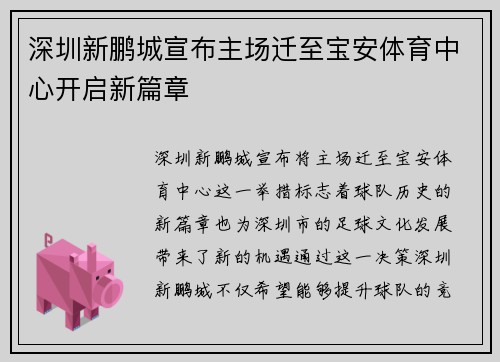深圳新鹏城宣布主场迁至宝安体育中心开启新篇章
