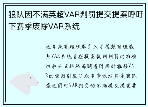 狼队因不满英超VAR判罚提交提案呼吁下赛季废除VAR系统 狼队因不满英超VAR判罚提交提案呼吁下赛季废除VAR系统