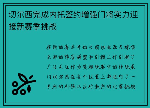 切尔西完成内托签约增强门将实力迎接新赛季挑战